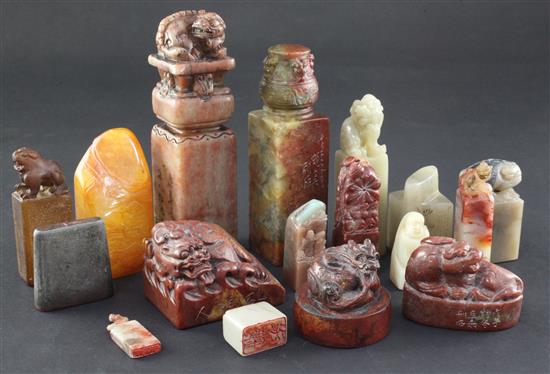 A collection of seventeen Chinese stone seals, height 1.9 to 15cm (17)